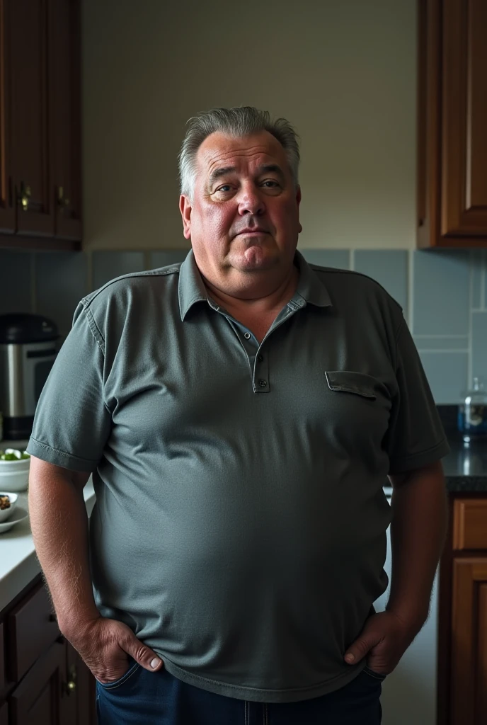 realistic photo! fat man in clothes stands full length in the kitchen, smiles, looking at the camera
