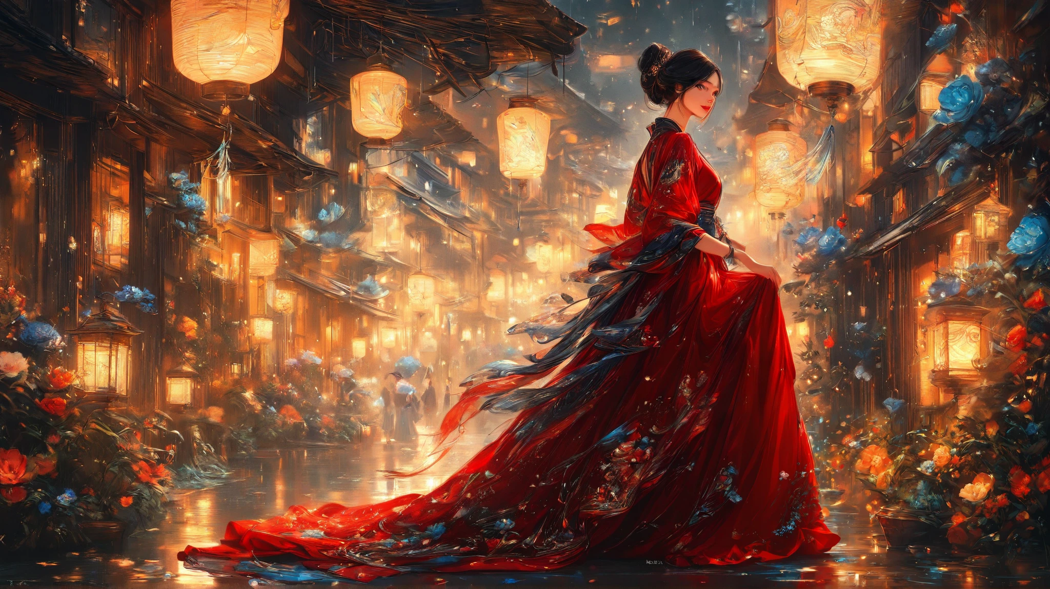 painting of a woman in a red dress in a rainning day, beautiful stunning digital art , karol bak uhd, Bela arte UHD 4K, beautiful digital artwork, beautiful digital art, stunning digital art , very beautiful digital art, exquisite digital illustration, a beautiful art illustration, detailed painting 4K, stunning digital art , beautiful fantasy art, beautiful digital illustration , The image depicts a scene of the close up of a person in rainning day at night in a old street, there are old lamps iluminating the scene and the girl is all wet but happy The person's long black hair and the drops of water are visible, they reflecting the lamp lights. she is wearing a flowing, and long dress, embellished with floral designs .