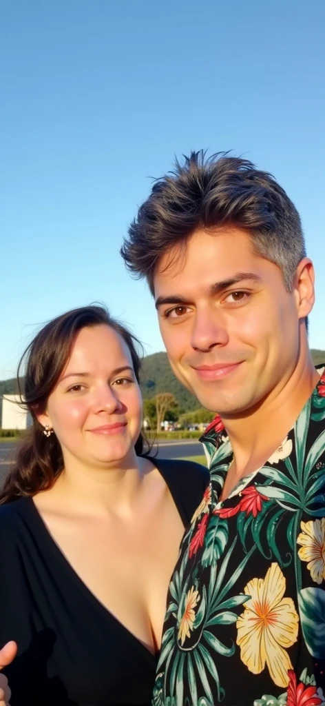 They are posing for a photo on the beach with the ocean in the background, momma and papa, imagem de perfil, foto de praia, na praia, em uma praia, standing near the beach, foto de perfil, na praia, na praia, no mar, na praia, em uma praia, near the sea, vacation photo, Casal feliz, par