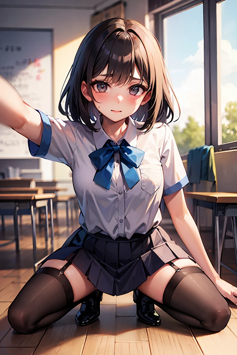 1 girl, 16 years old, Dynamic posing, dynamic angle, Arrange pose,Top quality work,Show Legs,(short black hair),(blue eyes), Rose cheeks, Pretty Face, A perfectly proportioned face, school white shirt with red bow and black skirt, (school uniform), white stockings,in classros, She is laughing