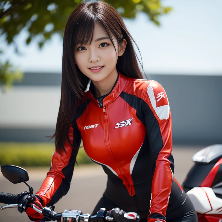 Ducati Bikes、Front-opening black leather rider suit、beautiful girl、Riding a motorcycle、The front of her cleavage is visible、The zipper goes down to the navel、Mine Fujiko、Perfect Style、
