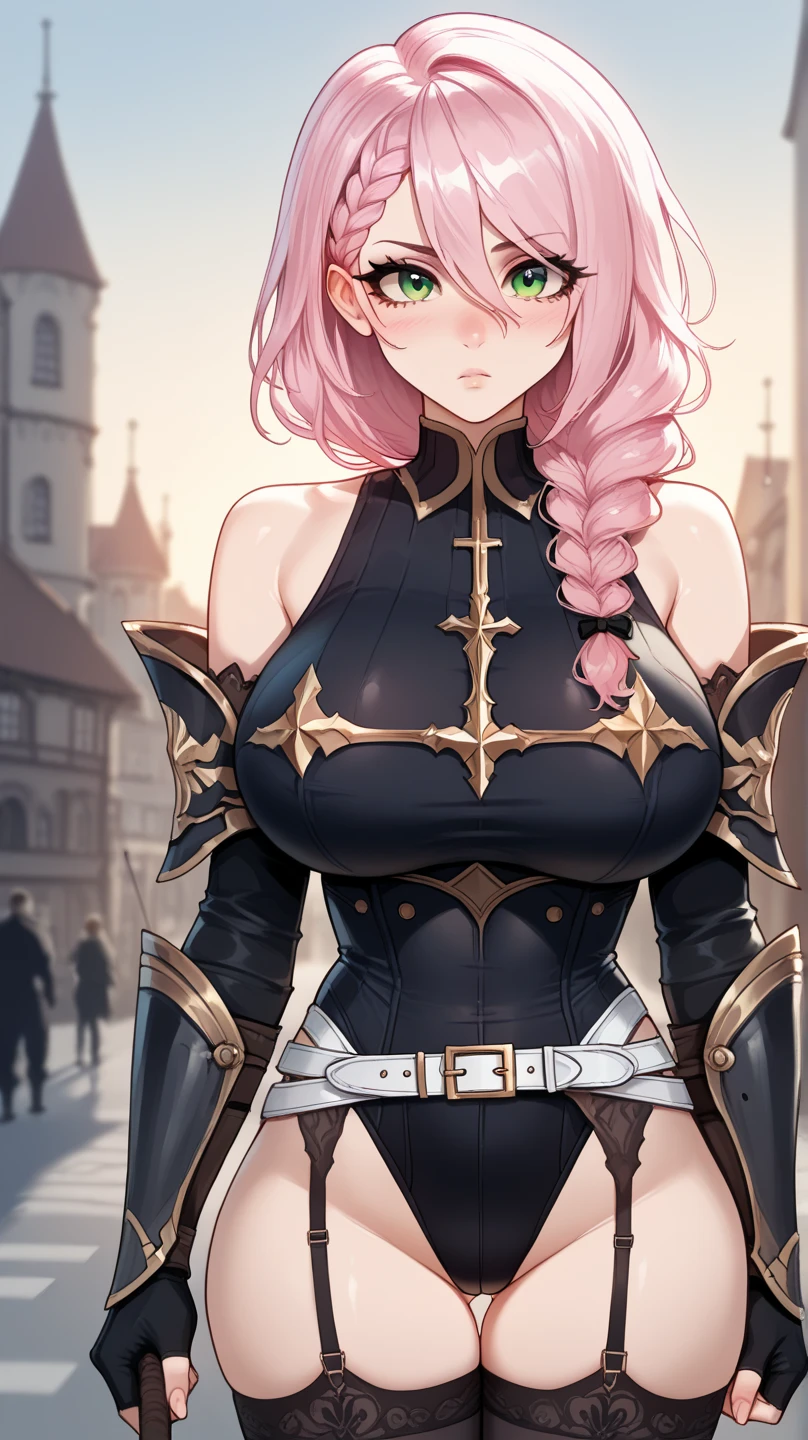 1girl, anime, cute girl, rogue, blank background, white background, fantasy, very detailed dark leather fantasy outfit with highlights, beautiful face, beautiful eyes, dark colors, assassin, medium breasts, slight cleavage, beautiful skin, cute, pink hair, breast curtains, extremely delicate and beautiful, (beautiful detailed face:1.0), (detailed deep eyes), symmetrical breasts, deep eyes, steam, shiny skin, portrait, slender waist, hips wider than shoulders, thighs