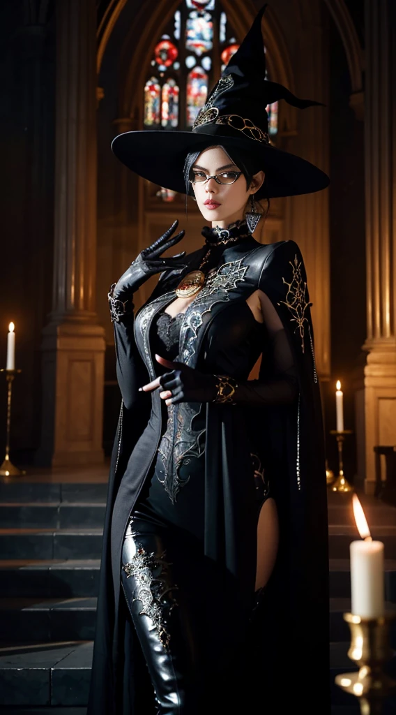 Woman who looks like Morticia Adams, wearing black hat with gold details, wielding red trident.