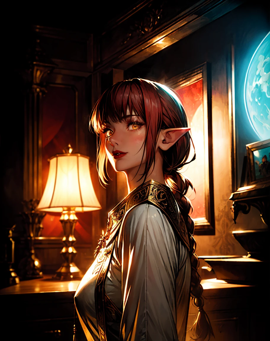 (((Redhead elf))) wolf-girl, ((beautiful perfect loli)), flat_chest, highest realism, photographic_detail, perfect_clarity, perfect_detail, nai4, warm_lighting, detailed_ambiance, ((perfect_flat_chest)), ((8k resolution)). ((ultra realistic by Sciamano240 and Carne Griffiths)). ((volumetric lighting from front by Marton Bobzert)). ((super wide angle)). high detail. sharp focus. ((photorealistic by Ed Blinkey)). makeup. ((small)). oiled skin. tanlined skin. (waist chain). (body_jewelry)