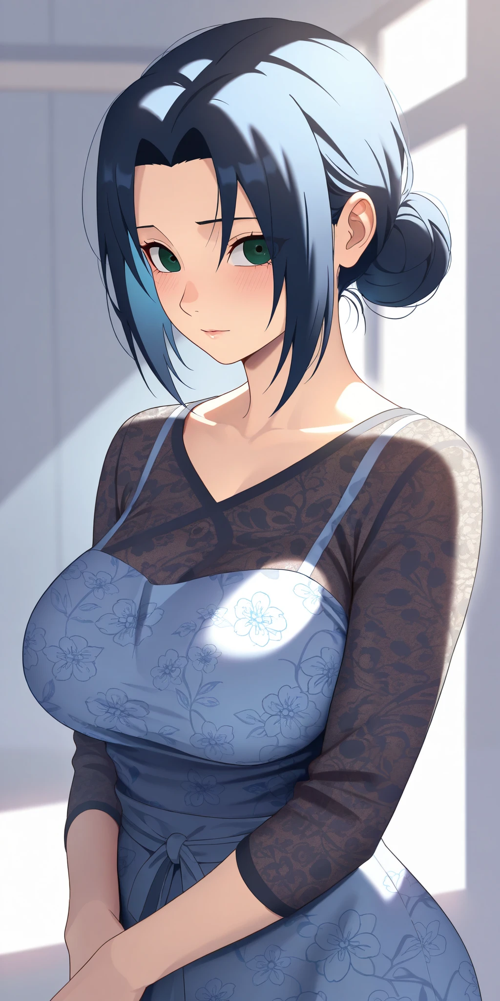 Short dark blue hair (masterpiece, : 1.2, best quality), (1 woman, solo, upper body: 1.2) short dark blue hair, clothing: short sleeves, short blue shoulder-length hair Accessories: hairpin, natural, glowing skin, behavior: blushing, crying, angry frown Location: living room, blue eyes, very huge breasts, short blue shoulder-length hair