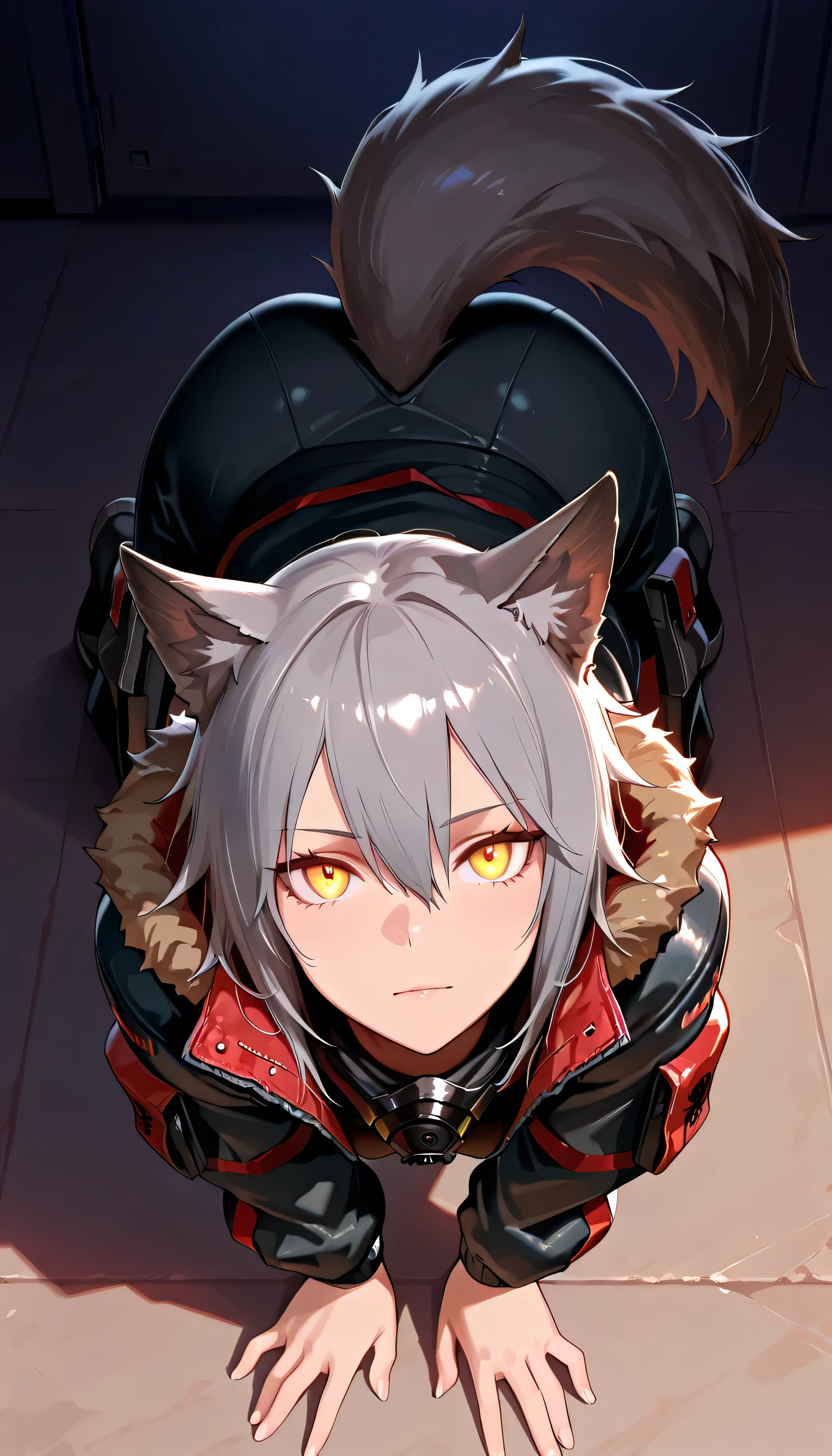 (best quality), (masterpiece), (ultra-detailed), absurdres, photorealistic, ProjektRed \(arknights\), solo, grey hair, hair between eyes, yellow eyes, flat_bangs, animal ears, animal tail, (ProjektRed:0.8), Wolf_girl, Wolf_ears, (On all fours), shade, glowing_eyes, Full body view