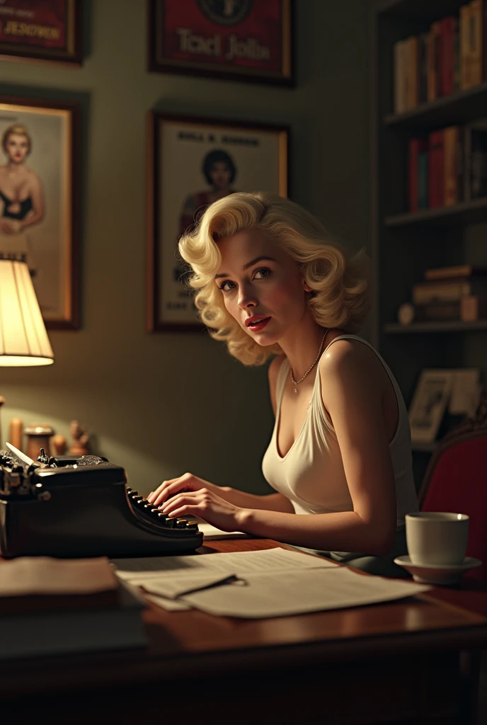 (best quality, masterpiece, high resolution: 1.2), raw photo, professional photo, noir style, photo in the style of the 30s, Marilyn Monroe, detective, black jacket in the style of the 30s, white blouse, neckline, black miniskirt pencil case, at the table in the old police station, looking at the viewer, tobacco smoke around, Smoke, dim light passing through the hair, dark photo, old photo