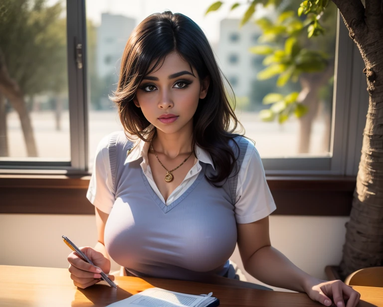 ((masterpiece)), ((best quality)), ((realistic photo)), portrait, wide angle shot, beautiful, , 2 braided hair, bangs, proportional face, (face detail), (eye detail), red cheeks, makeup, school uniform, (white shirt, gray short skirt), (cleavage), big thighs, perfect body anatomy, sitting at a desk, side view of classroom background, desk, chair, neatly arranged, floor clean, highly detailed, professional photos, highly detailed, 8k photography, HDR, depth of field, high resolution