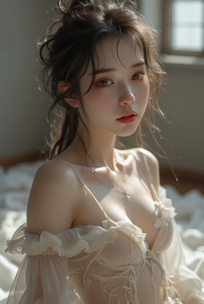 highest quality, masterpiece, Ultra-high resolution, (Realistic:1.4), RAW Photos, One girl, Off the shoulder, In the Dark, Deep Shadow, Modest, Cold Light , Upper Body