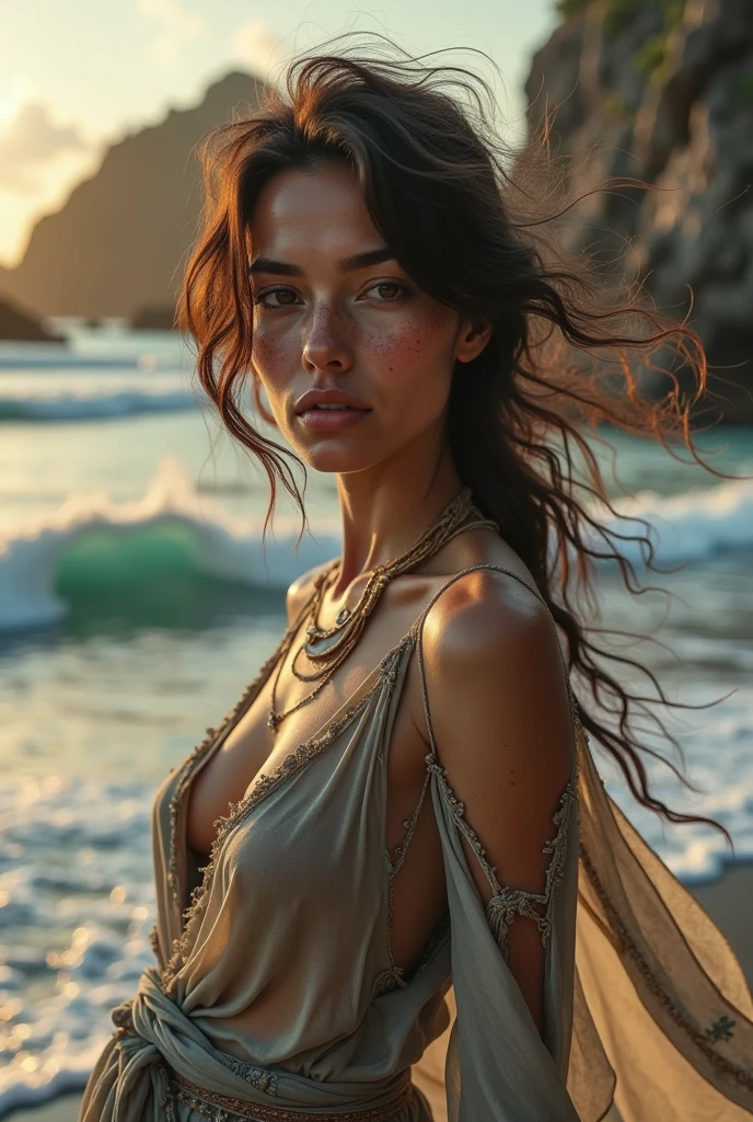 full body shot:1.3), standing on the high rocks near the seashore , it's night , red and purple clouds at the sky, stars at the sky ,looking at viewer,((tugging on torn and old very short t shirt. shoulders showing ,golden necklace around her beautiful neck)), 28 yearsold ,small breasts, small waist, long brown flowing hair glamour, (blue eyes, beautiful eyes), beautiful face, perfect illumination ,beautiful detailed eyes, looking at viewer, stunningly beautiful woman, detailed hairstyle, good hands, detailed hands, thumbs are anatomically in correct position ,good feet, beautiful long legs, red nail polish)(8k, RAW photo, best quality, masterpiece:1.2), (realistic, photo-realistic:1.37), ultra high res, , radiosity, physically-based rendering, ambient light, (cinematic composition:1.0),professional soft lighting, light on face,