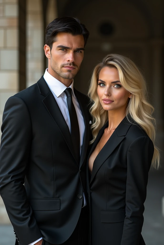 Chuck bass in a suit with a girl. She has big green eyes, full lips, perfect cheekbones, thick eyebrows, small nose, beautiful teeth, and a classy outfit