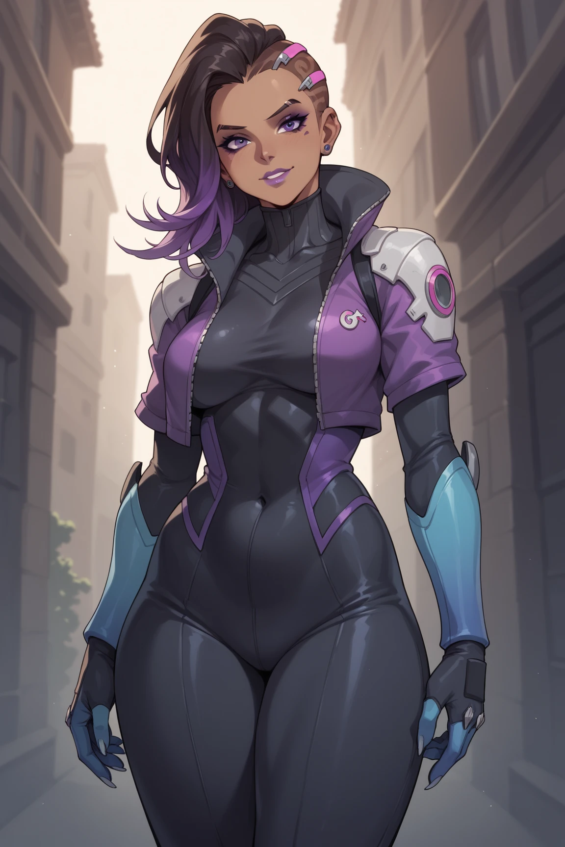 1girll,Gorgeous Hair in Long Purple,Purple jumpsuit,Tattooed with,There is a red string around the waist,Purple boots,Thigh leg rings,The right hand releases a purple energy glow,Hands full breasts, Convex buttocks, city ruins,holy rays,A desert,Detailed background, Clothing details, perfectly proportioned, filmgrain, Fuji colors, lightand shade contrast, tmasterpiece, high detal, high qulity, A high resolution, Cinematic lighting, 8K, Textured skin, Super detail
