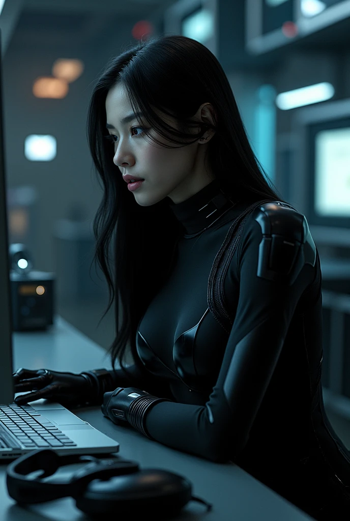 "Generate a female character for an Instagram page with a cyberpunk aesthetic, focused on helping people make money from platforms and cryptocurrency. The character should be depicted sitting at a futuristic desk in front of a camera, as if she's recording a video or taking a photo for her audience. She should embody the cyberpunk style while appearing knowledgeable, trustworthy, and approachable. Please provide a detailed description of her appearance, personality traits, background, and any other relevant information, along with an accompanying image of her sitting at the futuristic desk