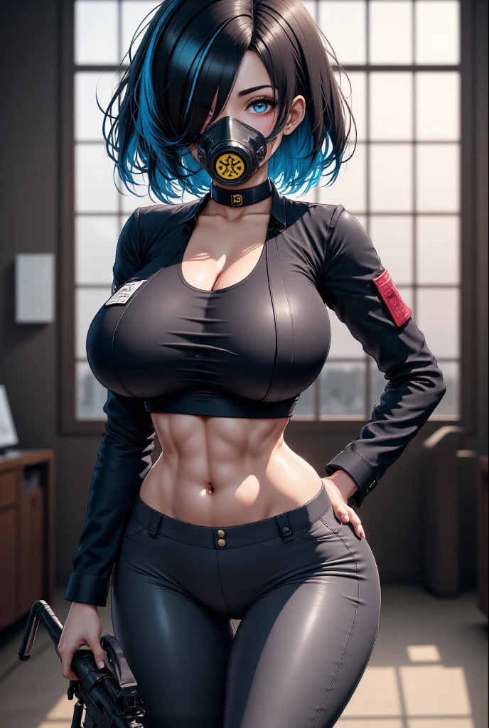 Huge chest, (cum on tits), 1girl, 18yo, (sitting on gaming chair), (tanned skin), (wears a black mask), side view, (huge chest), (huge thighs), (legs on the table), (streaming), (in front of the computer), (red stripped midi bikini), (slim bkini), (body in oil), (in the bedroom), (red stripped stockings), (red short hair), (long stockings).