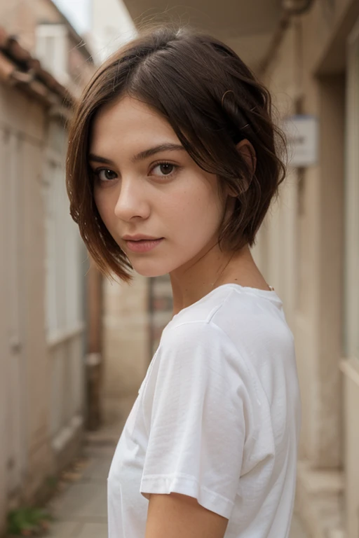 una mujer con un vestido blanco, con pelo blanco, cara avergonzada y sonrojada