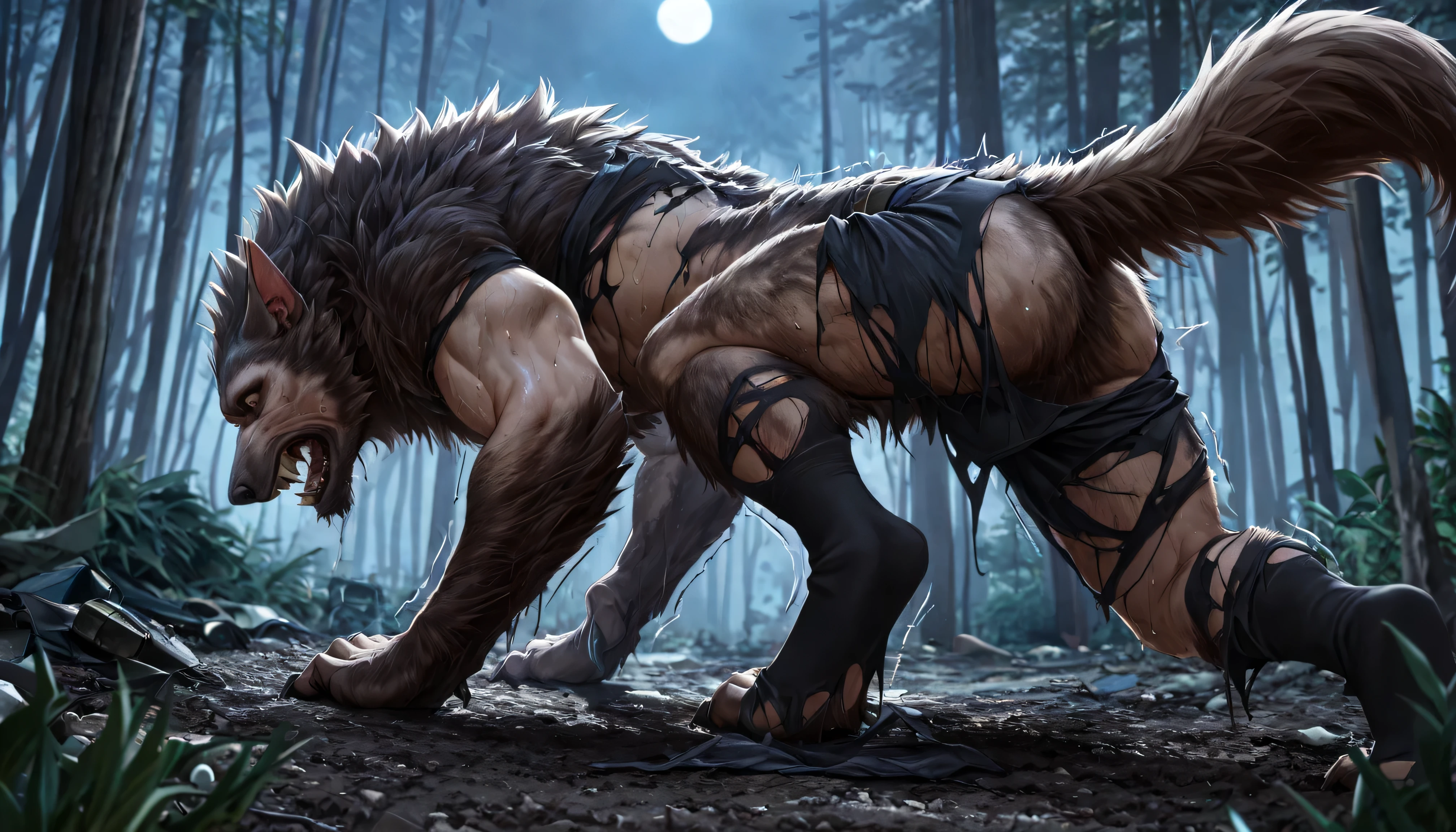 Back side, photo from behind, skin:1.4,  human,  Werewolf transformation ,  Morphing ,  human, [werewolf:  human:0.7], [weapon: paws:0.7], [ human skin: wool: 0.5], Virus, detailed wool, gradual wool, spread, it crashes:1.1,  cries, perspiration, in pain:0.8,  frightened :0.8, it crashes, embarrassed:0.8, torn clothes:1.1, thick fingers through, Torn socks, deep Night, ((darkness, dramatic transformation of predators in the moonlight, Night)), the forest, scraps of brown fur with ,  Scraps of clothing  ,((overdetailed, realistic sweatshirt), 4k, 8 k, raw, HDR, contract, Canon EOS P3, CANON EOS R3, 85мм f/1.4, 15mm, 35mm, 80mm, f2.8, High resolution, HD, full color, 4k, High resolution, three-point lighting, sharp focus, smooth, professional, cinematic starlight, extremely detailed, (high detail:1.4)  Business, Masterpiece, deep hues:1.2, best quality,))