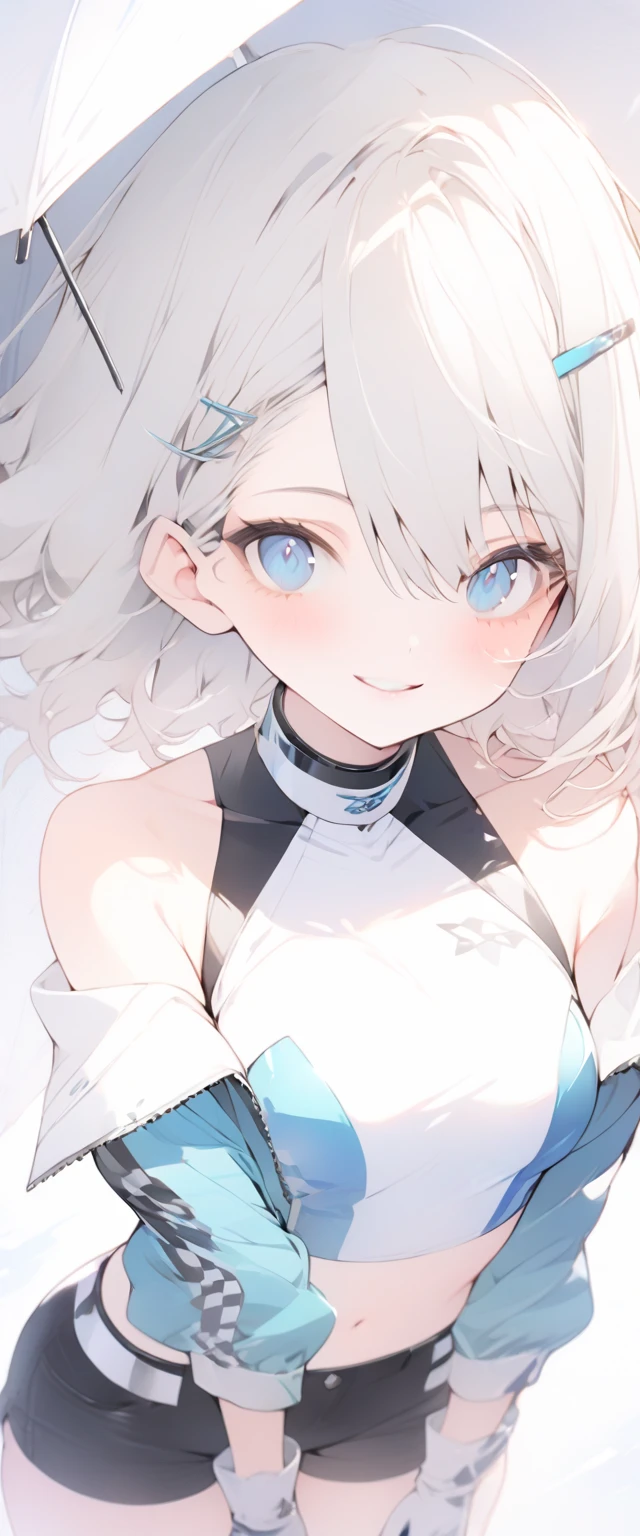 beautiful, masterpiece, Highest quality, anime, One girl, C Cup,Portrait Shot, View your viewers, Covered、Short Hair、nearby、Blue Eyes、art、、White hair,Blue streaked hair、wallpaper、hairpin、Cute smile、Thighs、navel、Floating sci-fi hair accessories、Sci-fi knee-high boots、Cute、Sci-fi underskirt、Sci-fi combat uniform、Funnel、Torn
