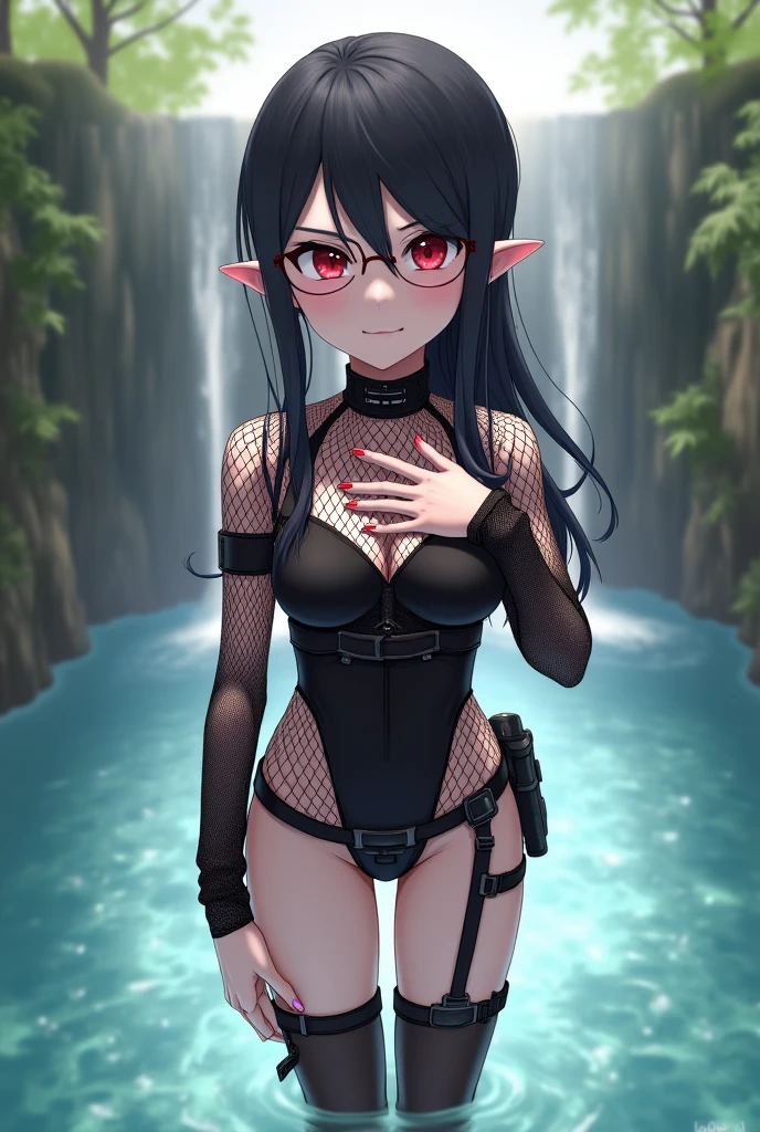 blush, smileglowing aura, natural light, masterpiece, glossy skin, juicy lips , ,sexy, hot, evil,juicy lips hour glass, , juicy lips, , small , big breast, demon horns, red eyes, white hair, short hair, elf ears, pointed eyes, demon horns, (black hair), big ass, wet, sweaty, detailed back, view from front, sweating, soft skin, realistic skin, lewd, lewd expression, chocker, e-girl, long stockings, cute lingerie, Swimming pool in the background