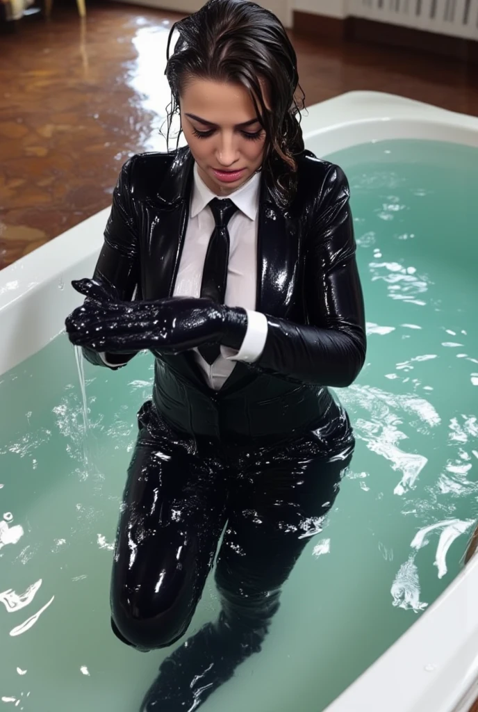 1 woman, beautiful woman, kneeling makeup, running makeup, running mascara, closed eyes, ginger hair, glasses, long hair, skirt suit, (((tuxedo))), (((dress shirt))), (((black bowtie))), blazer, (((suit jacket))), (((waistcoat))), double-breasted waistcoat, (((bodycon skirt))), pencil skirt, tights, white gloves, pantyhose, (((penis))) , holding penis, pissmouth, pee, urine stream, soaking wet, soaked clothes, messy, on all fours, (((the man is peeing into her mouth))), sharp focus, (8k uhd:0.5), ultra-detailed, RAW photo, wet, urine, wet face, wet clothes, soaked hair, wet hair, drenched, multiple men, multiple penises, watersports, blowbang, shower, piss on face, pee on face, water on face, a woman drinking piss from a man's cock,