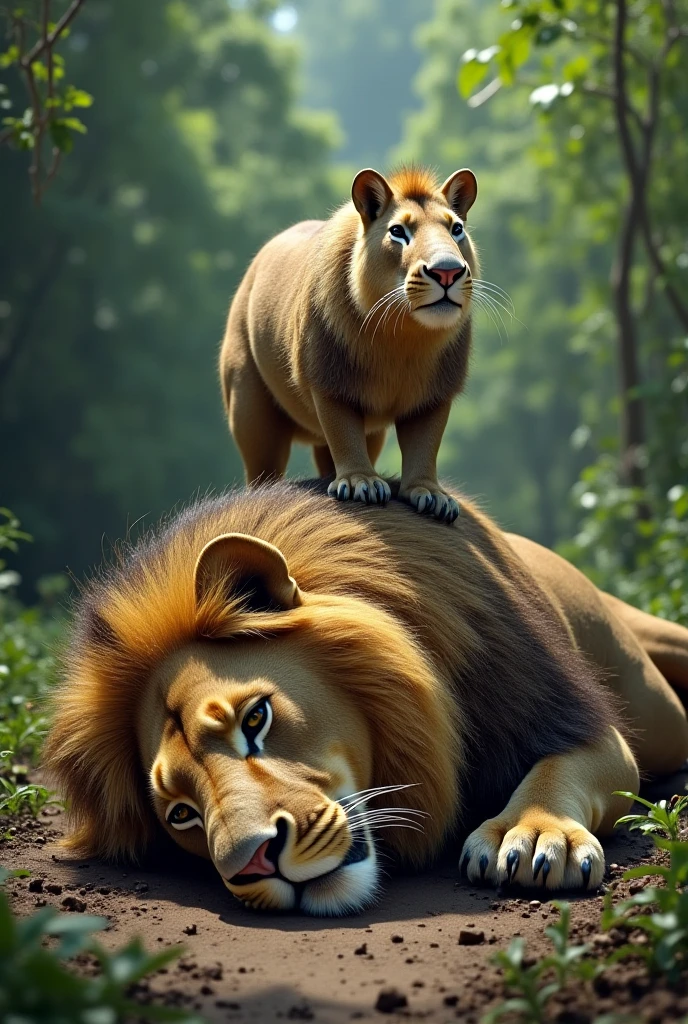 Create a dense forest, a majestic lion and lots of animals