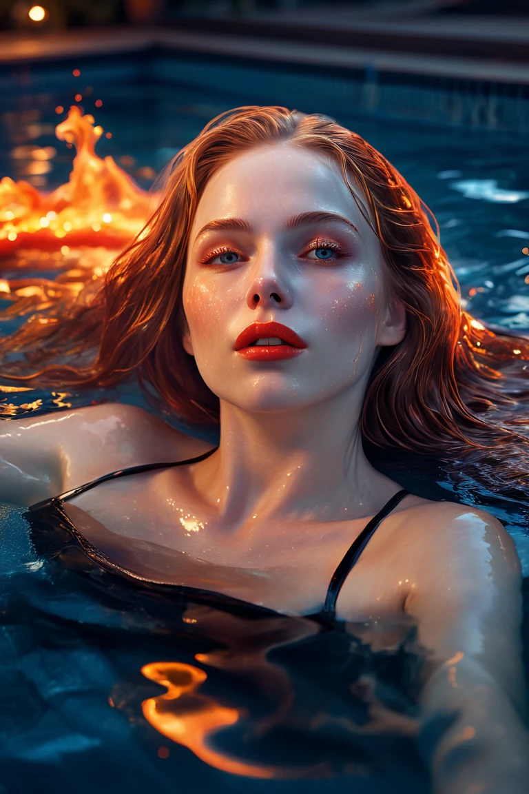 artistic picture of a woman floating in pool of water, long flowing hair, calm, eyes closed, swimsuit, Feuerhaare, glowing hair, flaming hair, <lora:Feuerhaare_lora_sdxl:1>