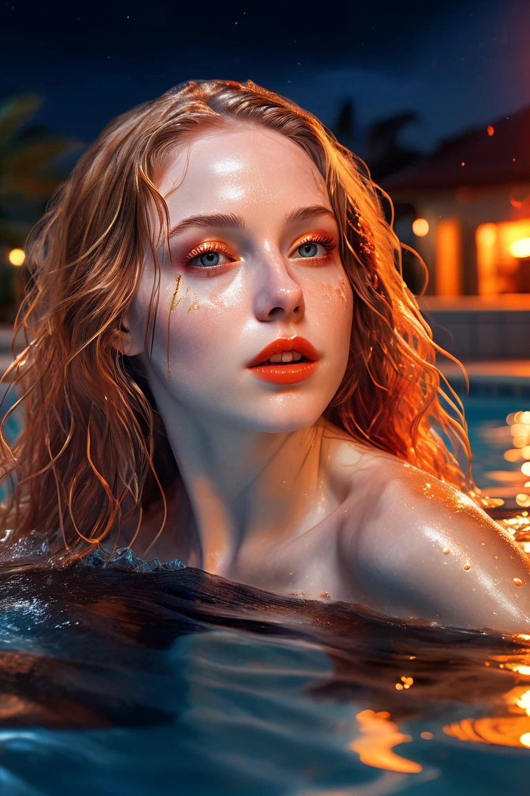 blonde woman in the pool, colorful tattoos wet body pajamas silk fluorescent orange sexy shower water flying gleaning, White bathroom background , Neon Light hot water vapor in the bedroom ,diamond bracelet necklace sapphire shiny crystal