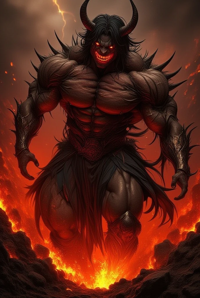 realistic, highly detailed, intricate details, detailed background, depth of field, ((capra demon)), (horned demon skull helmet), lord of hell, dark souls \(series\), portrait, ((dark grey reddish skin:1.2)), ((furry body)), red eye, glowing eye, fire, hell, lava, lean muscles, (damaged demonic loincloth), ((torn clothes)), tail, dynamic pose, dynamic angle, (sweaty:1.2), (shiny oily skin), (steaming body)