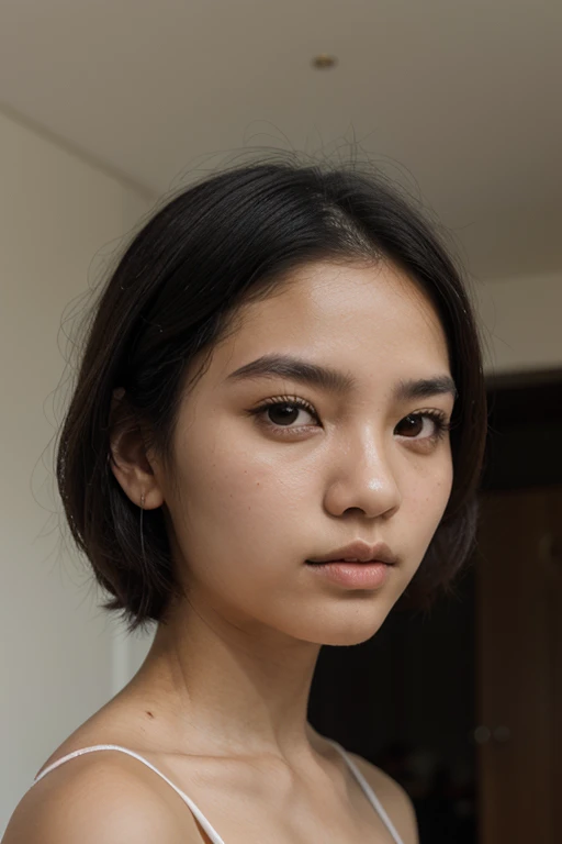 Jeune femme de 19 ans avec cheveux qui arrive au omoplate noir foncée. De face, origine asiatique,
