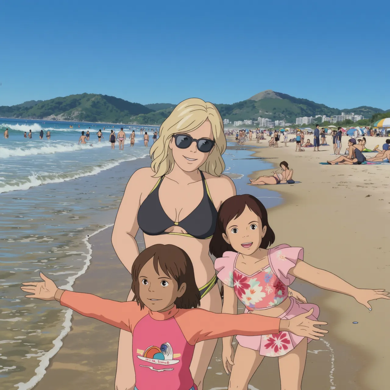 two sexy women looking down at 4 years old boy with blonde hair, seductive smiles, portrait, various hair