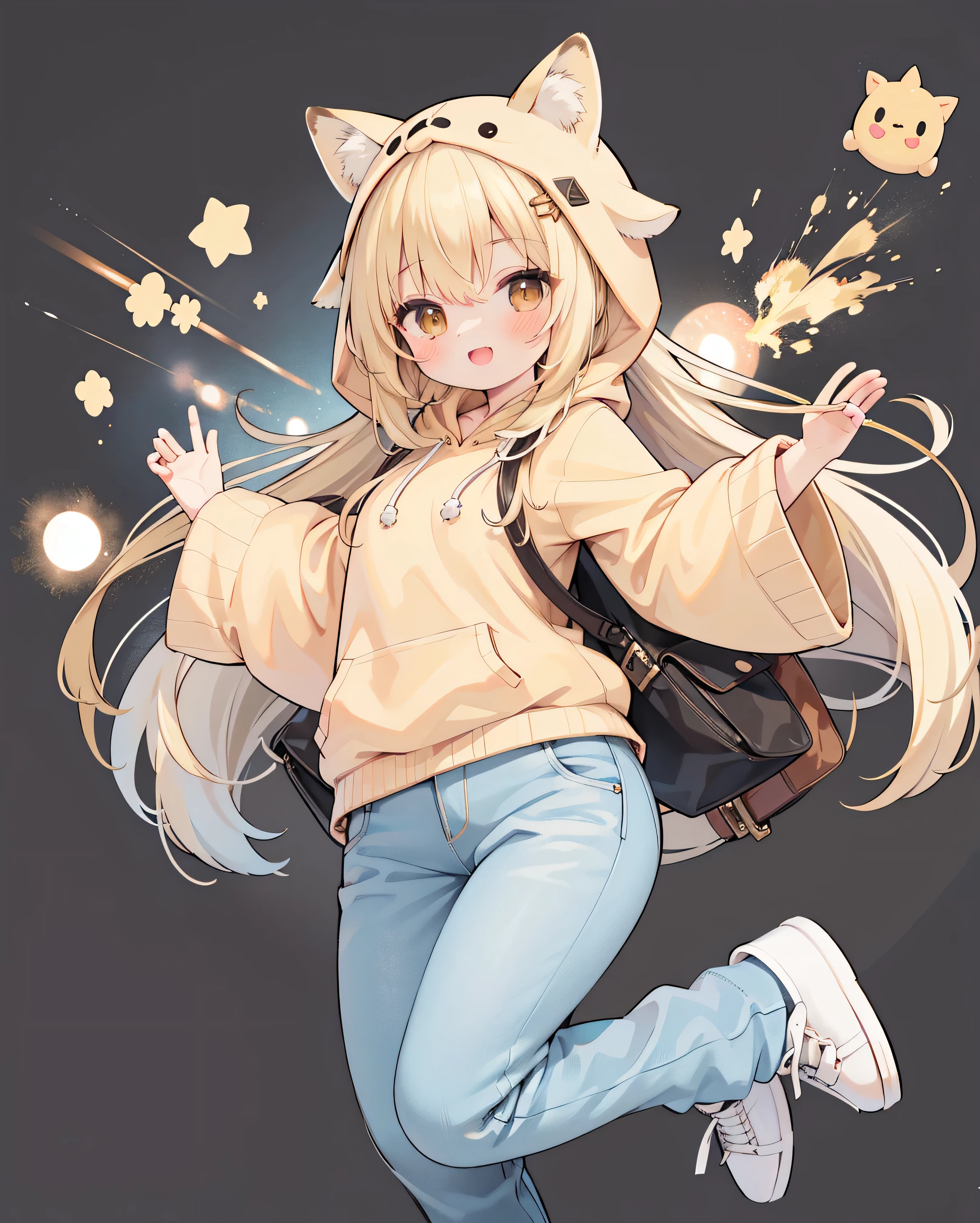 extremely detailed , uniform CG-8K background image, very nice 8kcg wallpapers , Huang Li,ads on , best quality ,ultra detailed , nice face , Meisterwerk、 Meisterwerk, erstklassig, 1 girl in, A girl jumps, best quality , 1 girl in, ”} ”} The explosion , , , Allein, Start-up, headwear , giraffe hood with giraffe ears and giraffe icons, ssmile, with an open mouth, very sweet smile, looks at the viewer , wide arms , sand-colored sweater with giraffe pattern, long blonde hair , Jeans, Sneaker, with longer sleeves ,, Durch Pony,, brown eyes, :D, long flying blonde hair, hair between the eyes ,aufspringen , dynamic pose, Screen size