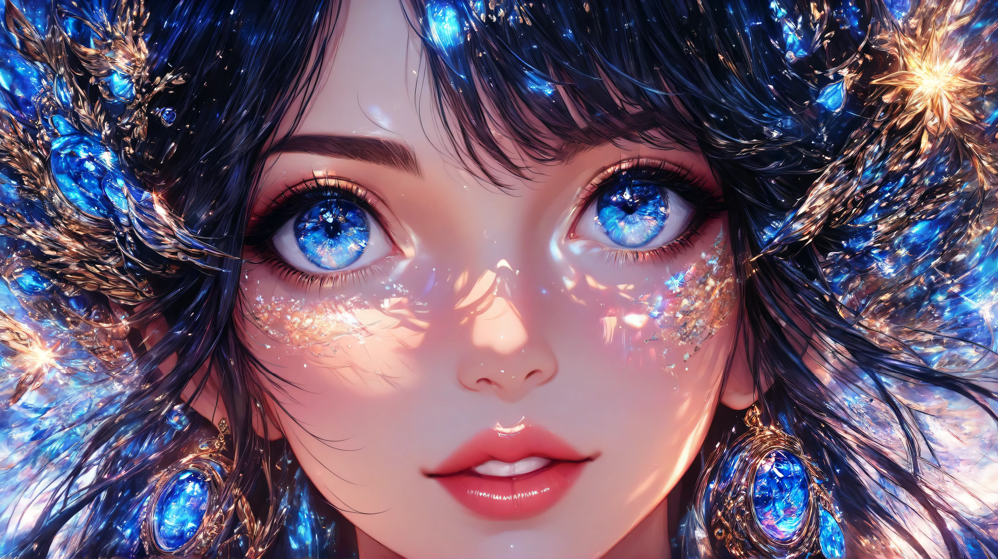 painting of a womans face, beautiful stunning digital art , karol bak uhd, Bela arte UHD 4K, beautiful digital artwork, beautiful digital art, stunning digital art , very beautiful digital art, exquisite digital illustration, a beautiful art illustration, detailed painting 4K, stunning digital art , beautiful fantasy art, beautiful digital illustration , The image depicts a picture of a womans face, she has long black hair adorned with starlit jewels and her blue eyes have the shine of the stars. Her eyes have the universe reflected.