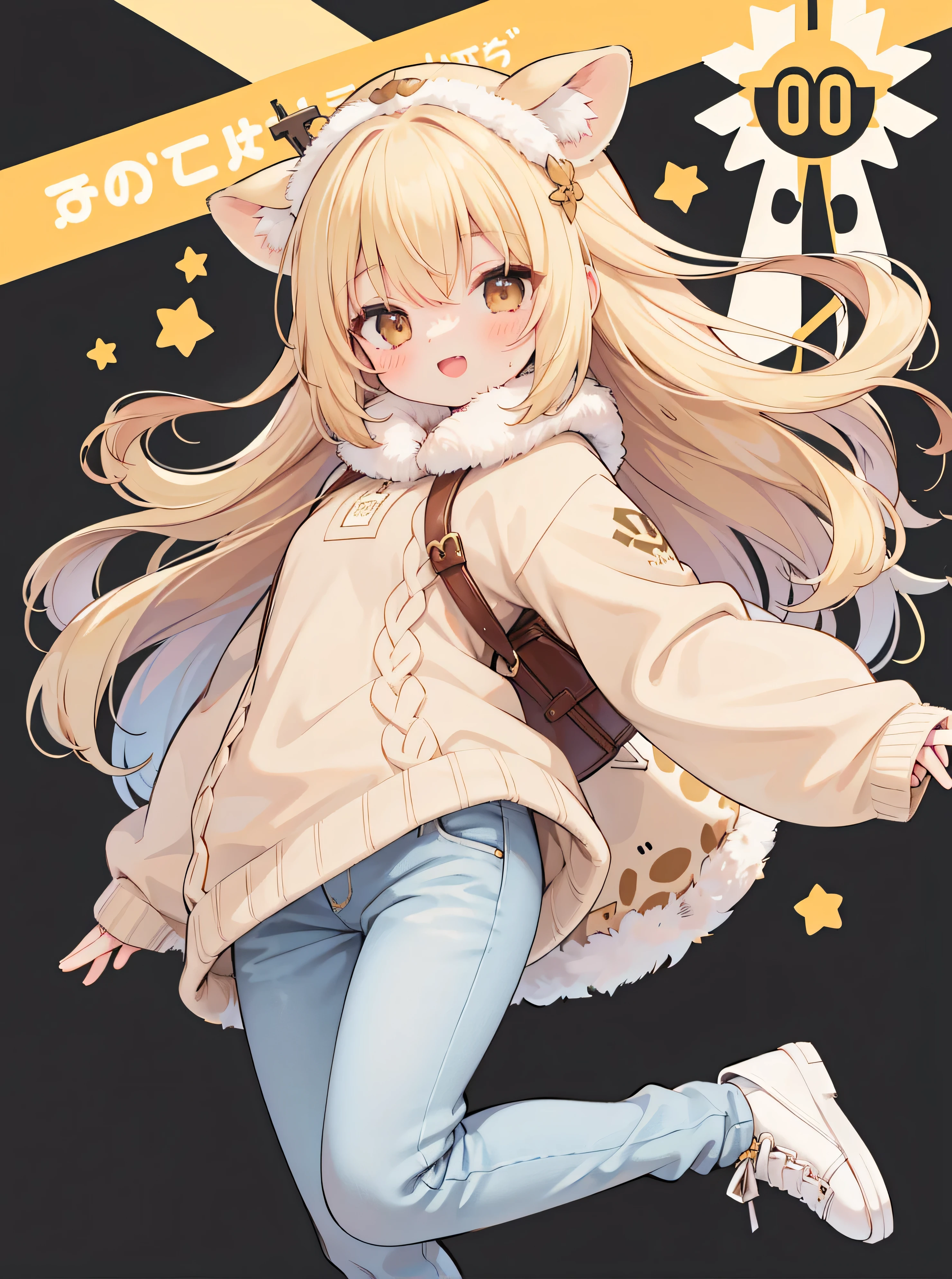 extremely detailed , uniform CG-8K background image, very nice 8kcg wallpapers , Huang Li,ads on , best quality ,ultra detailed , nice face , Meisterwerk、 Meisterwerk, erstklassig, 1 girl in, A girl jumps up, best quality , 1 girl in, ”} , Allein, Start-up, headwear , giraffe hood with giraffe ears and giraffe horns, ssmile, with an open mouth, very sweet smile, looks at the viewer , wide arms , sand-colored sweater with giraffe pattern, long blonde hair , Jeans, Sneaker, with longer sleeves ,, Durch Pony,, brown eyes, :D, long flying blonde hair, hair between the eyes ,Jump up , dynamic pose, Screen size