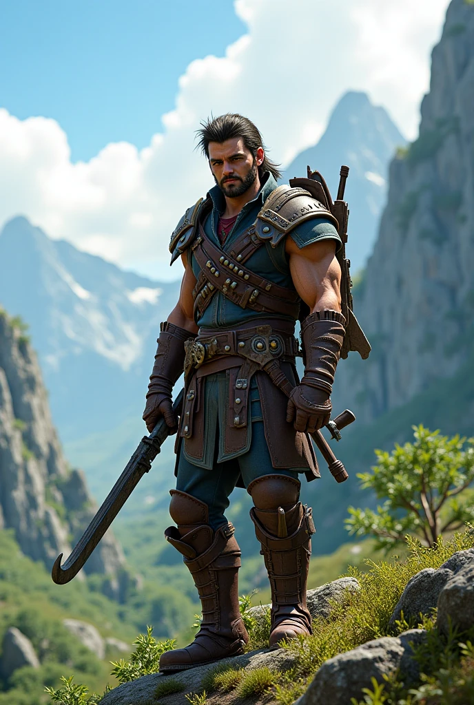 Kratos character standing looks bright blue holding a scythe in his hand.