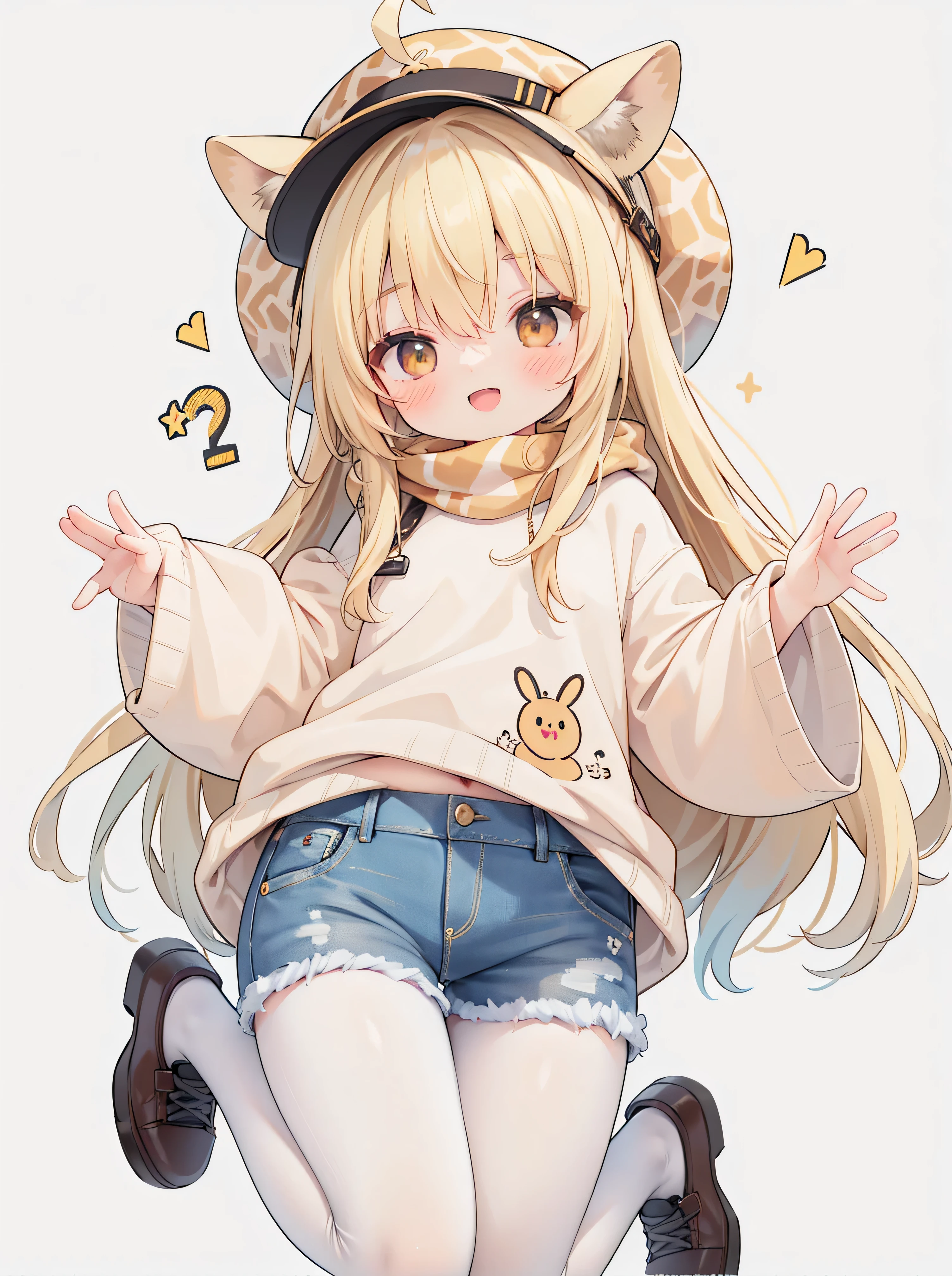 extremely detailed , uniform CG-8K background image, very nice 8kcg wallpapers ,ads on , best quality ,ultra detailed , nice face , Meisterwerk、 erstklassig, 1 girl A girl jumps up, best quality , 1 girl in, ”} , Allein, Start-up, headwear , giraffe hood with giraffe ears and giraffe horns, ssmile, with an open mouth, very sweet smile, looks at the viewer , wide arms , sand-colored sweater with giraffe pattern, long blonde hair , denim Jeans, Sneaker, with longer sleeves ,, Durch Pony,, brown eyes, :D, long flying blonde hair, hair between the eyes ,Jump up , dynamic pose, Screen size