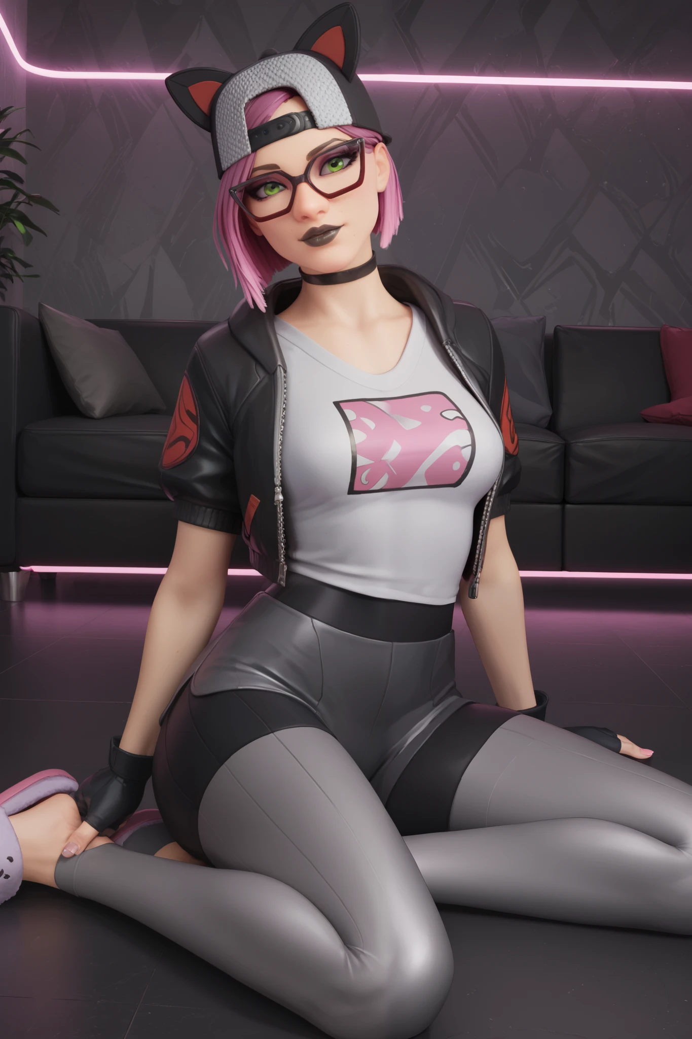 lince, gafas, gorra , shorts con leggins, guantes sin dedos, sentada, Noche, Extremadamente detallado, rostro detallado ,hermoso rostro, ojos finos, mirando al espectador, pose femenino.