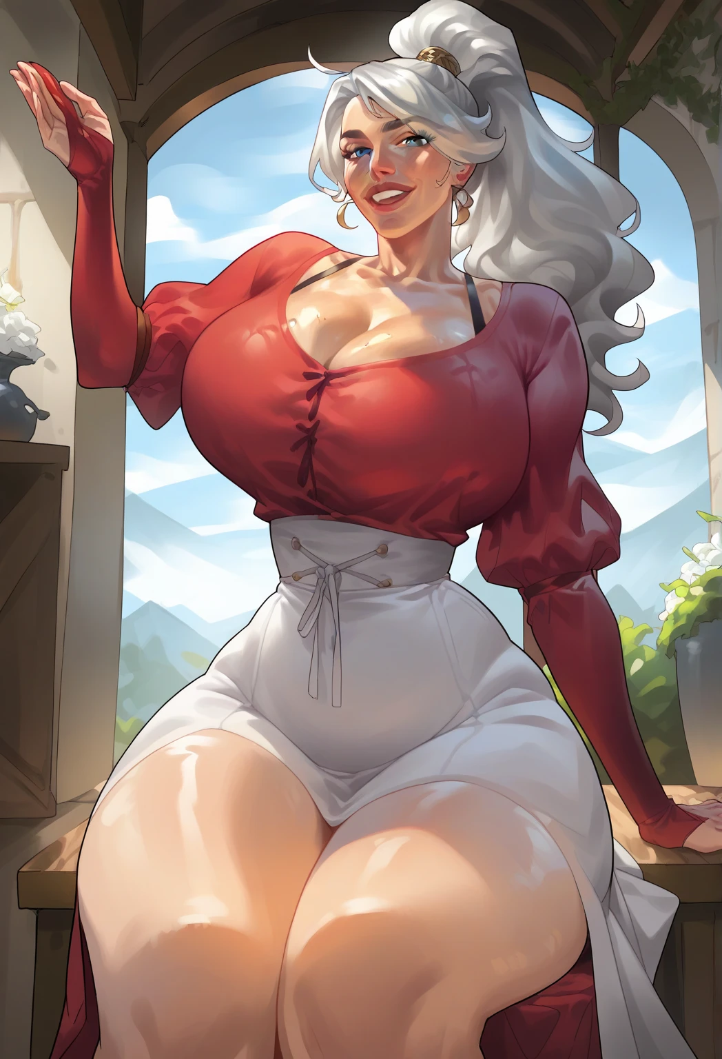 highres, masterpiece, huge breasts, thick thighs, wide hips, thighhighs, robe, royal robe, (pelvic curtain), blue eyes, long hair, seductive smile, tiara, gray hair, balcony, castle in background, red dress, (v-neck)