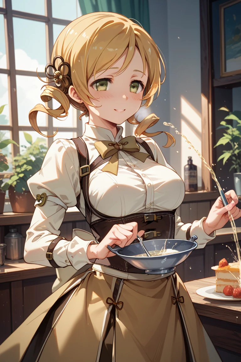 (fantasy:1.5),(8k,masterpiece, top quality, best quality,beautiful and aesthetic:1.2,professional illustrasion:1.1,ultra detail:1.3,perfect lighting),extremely detailed,highest detailed,incredibly absurdres , highres, ultra detailed,intricate:1.6,(Alchemy Workshop:1.4),A girl mixing,Medicine in many small bottles,holding small potion,colorful:1.4,zentangle,(a girl 26yo old),(cute girl),pointed chest:1.3,(double breasted:1.2,under bust:1.2), Amazing Cleavage:1.3, thin waist, big ass, Raised sexy, big breast: 1.2 posed cleavage:1.2,(female alchemy),(highly detailed beautiful face and eyes,firm breasts),oily skin,((bronde hair, long pony tail hair)),thin pubic hair,cute,lovely,beautifuk alchemist costume,smile,in the kitchen,smile,seductive weak smiling,(with sparkling eyes and a contagious smile),open mouth, Looking at Viewer,
