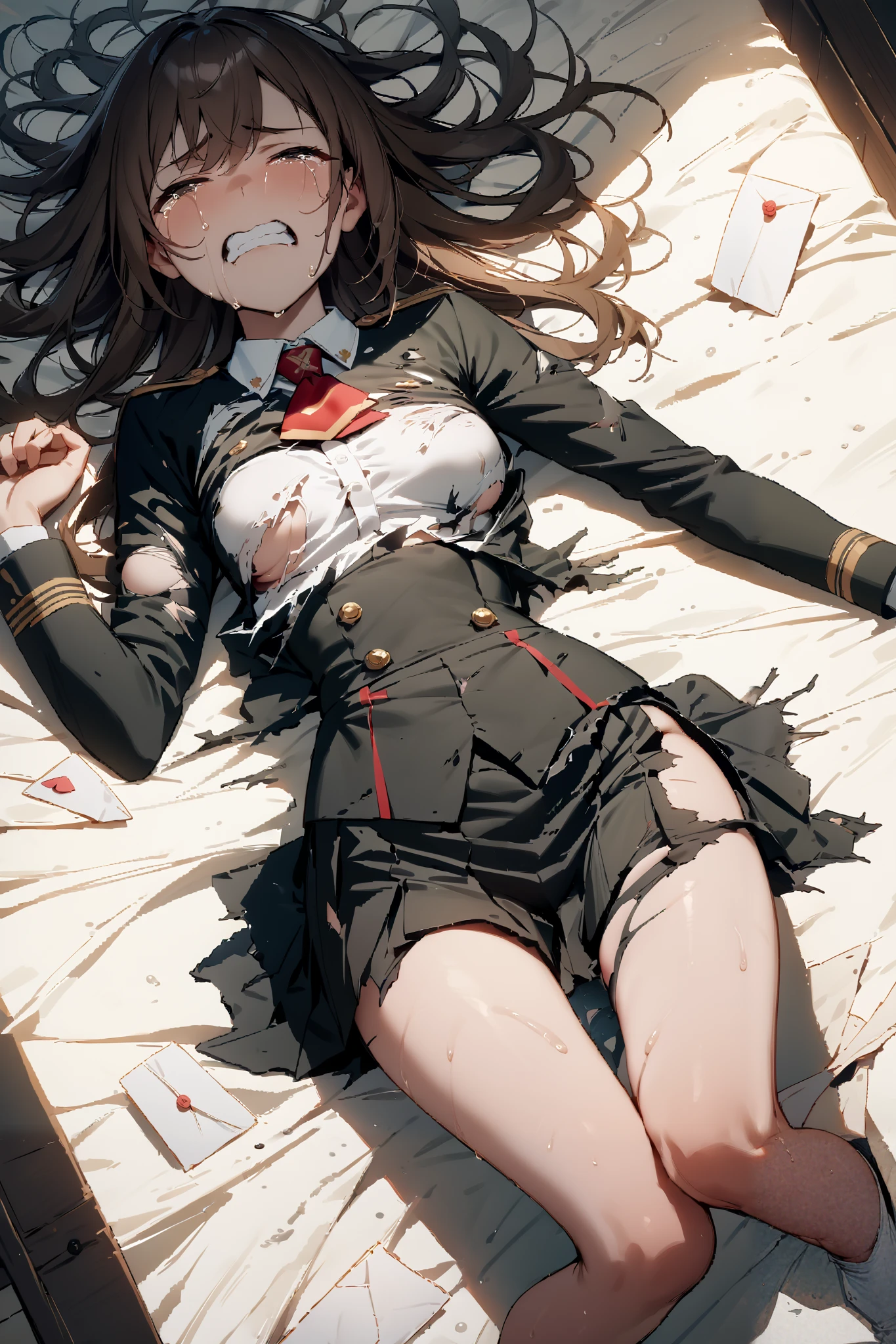 masterpiece, best quality, high definition, 1 girl, solo, skirt, uniform,(torn clothes:1,1), Sexy Poses, M-shaped leg opening,with hair,medium chest, grimace, crying,tears,with the letter positive for the body, supine,full shot, A large amount of cloudy liquid adhering to the body,
