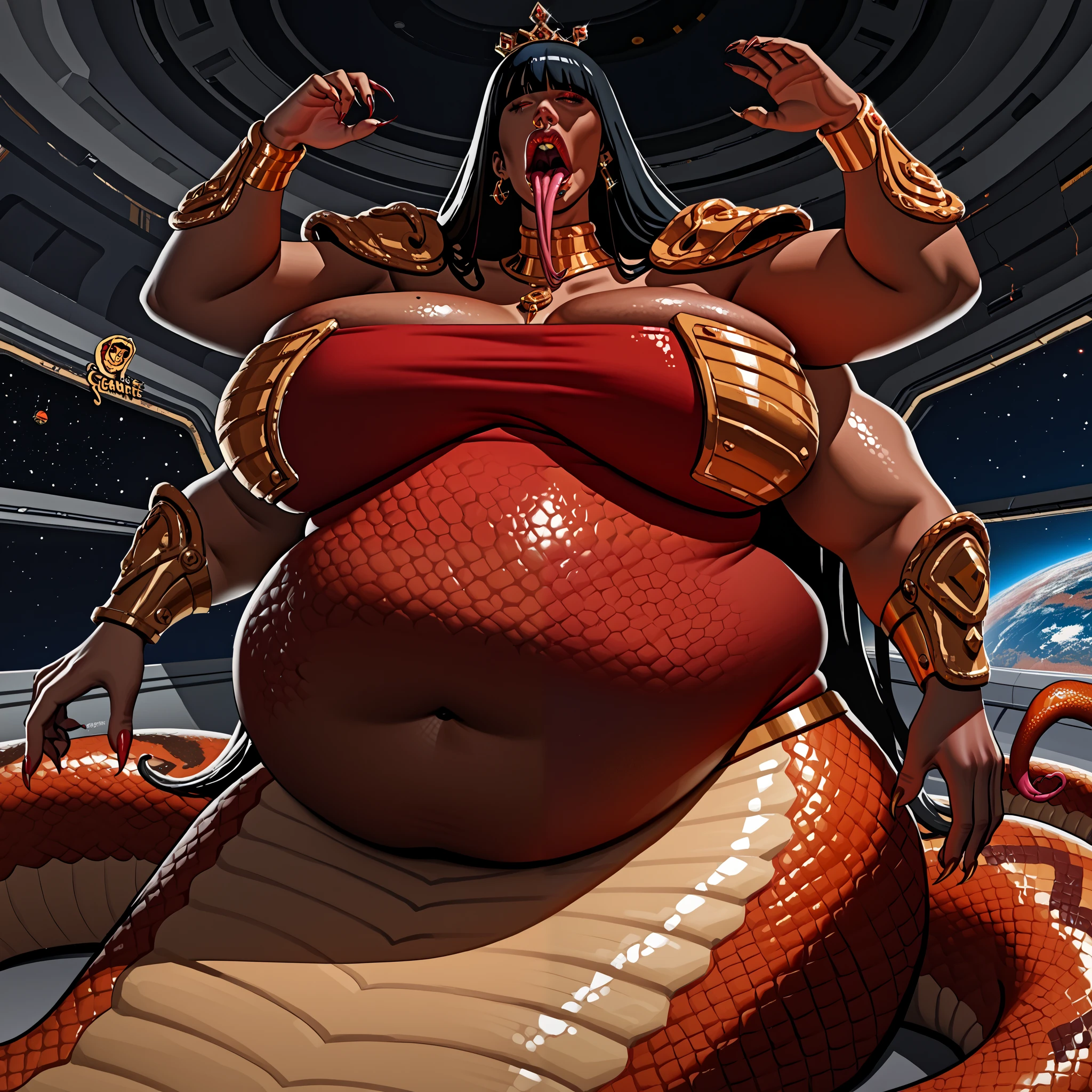 score_9, score_8_up, score_7_up, an alien lamina female, woman a chubby belly ((dark skin, flesh color)), before Vore: dark skin, piercing eyes, red snake tails for hair, covering one of her eyes, very tall, long thick snake body ((Lamia, snake body begins at the hips)), ((a queen of her people, dressed in gold)) red snake tail with a scaley design and pattern. She has four arms, two arms on her hips, one in her hair, the other on her puffy lips. She is wearing tight gold armor, lamia from space. (She has a lazy personality, have her yawning with her massive mouth open very wide, and her long tongue out))