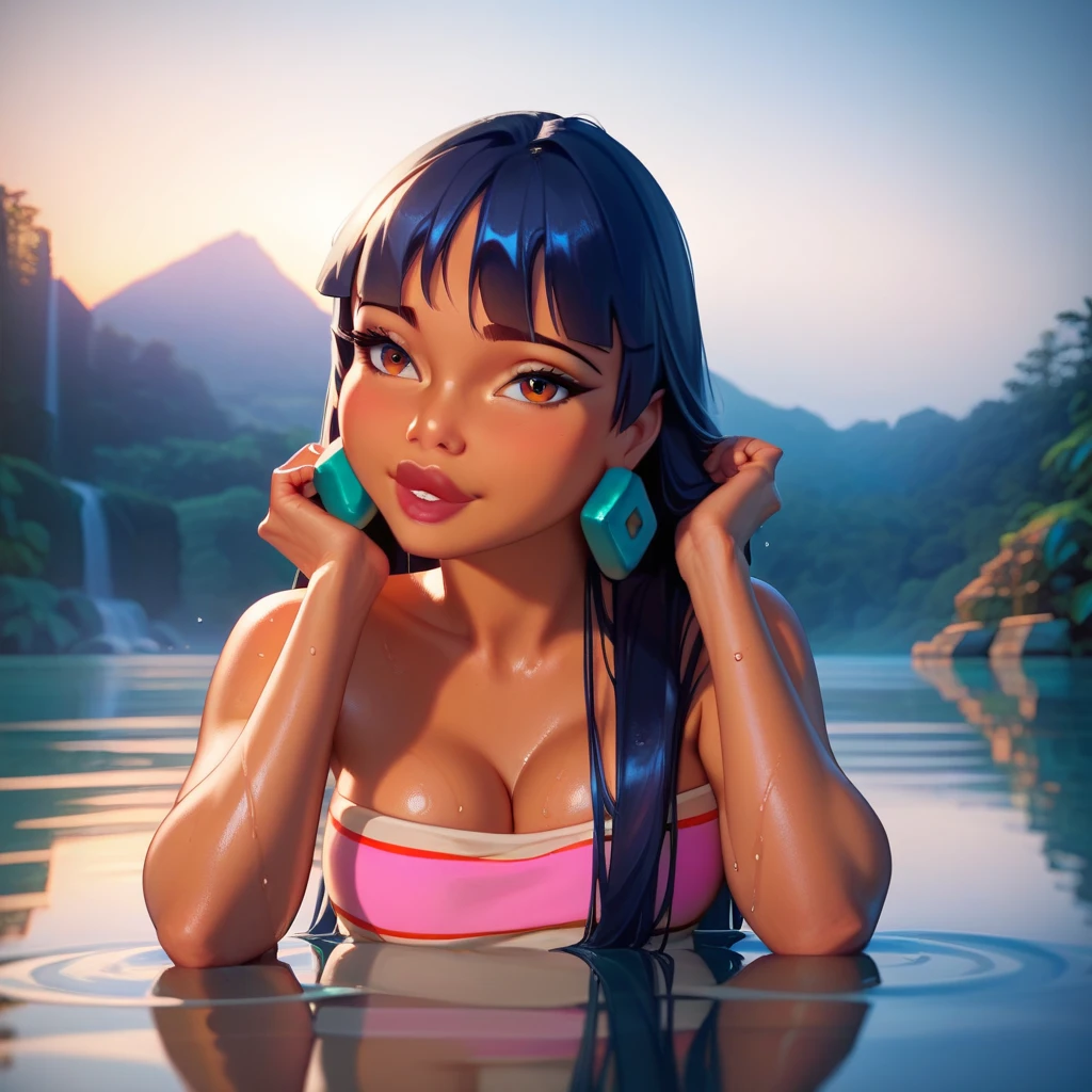 Night scene, close-up photo of lovely girl in thong, small breasts, bathing near the waterfall, body soaked in water, lean cheeks, wet hair, chin up, seductive face, no bra, stones, pure water, cleavage show, water on the body, realistic pores on the body, look up at the sky and smile, black ponytail hair, (blue eyes: 0.8), beautiful adult face, 20 yo, soft volumetric lights, (backlit: 1.3), (cinematic: 1.3), intricate details, (ArtStation: 1.2)