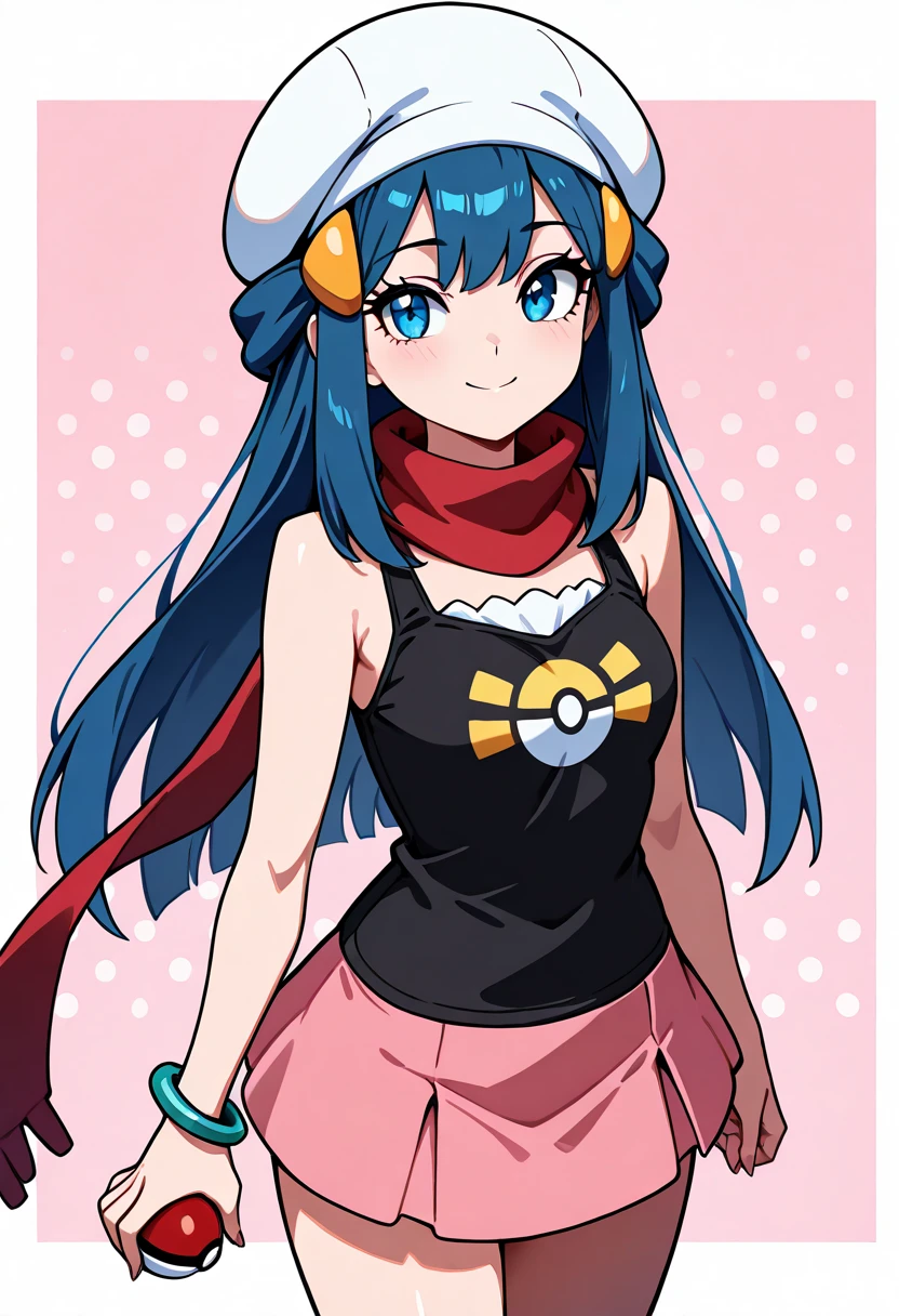 Masterpiece, better quality, a girl, Alone , eyelashes, (beautiful eyes), ZZAmanecer , blue hair, blue eyes, sidelocks, Long Hair, bare shoulders, beret, black shirt, calcetines negros, bracelet, has, joyería, high averages, miniskirt, pink skirt, red scarf, scarf, shirt, skirt, sin mangas, sin mangas shirt, white cap, Smile, looking at the spectator, nice background, girl poses dynamically, holding a nice pokeball background,