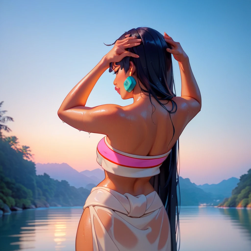obra maestra, 8k, extremadamente detallado, mejor definicion, Vidia centaur, vista desde el frente, (gigantic breasts:1.2), hombros desnudos, ponytail, extreme long hair, cabello multicolor entre negro y morado, damp skin, con las piernas en el agua en rio cristalino transparente, ropa transparente
