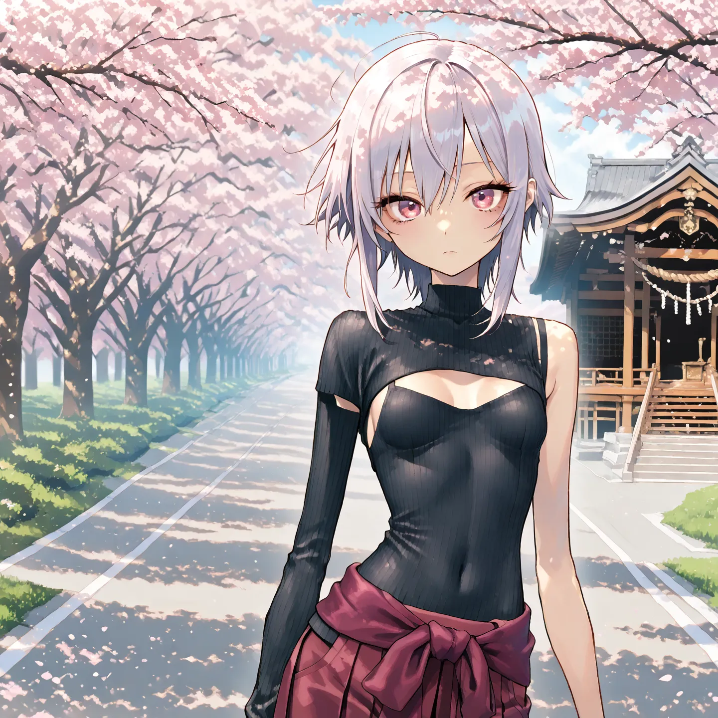 Anime girl in black top and red skirt walking down a path - SeaArt AI