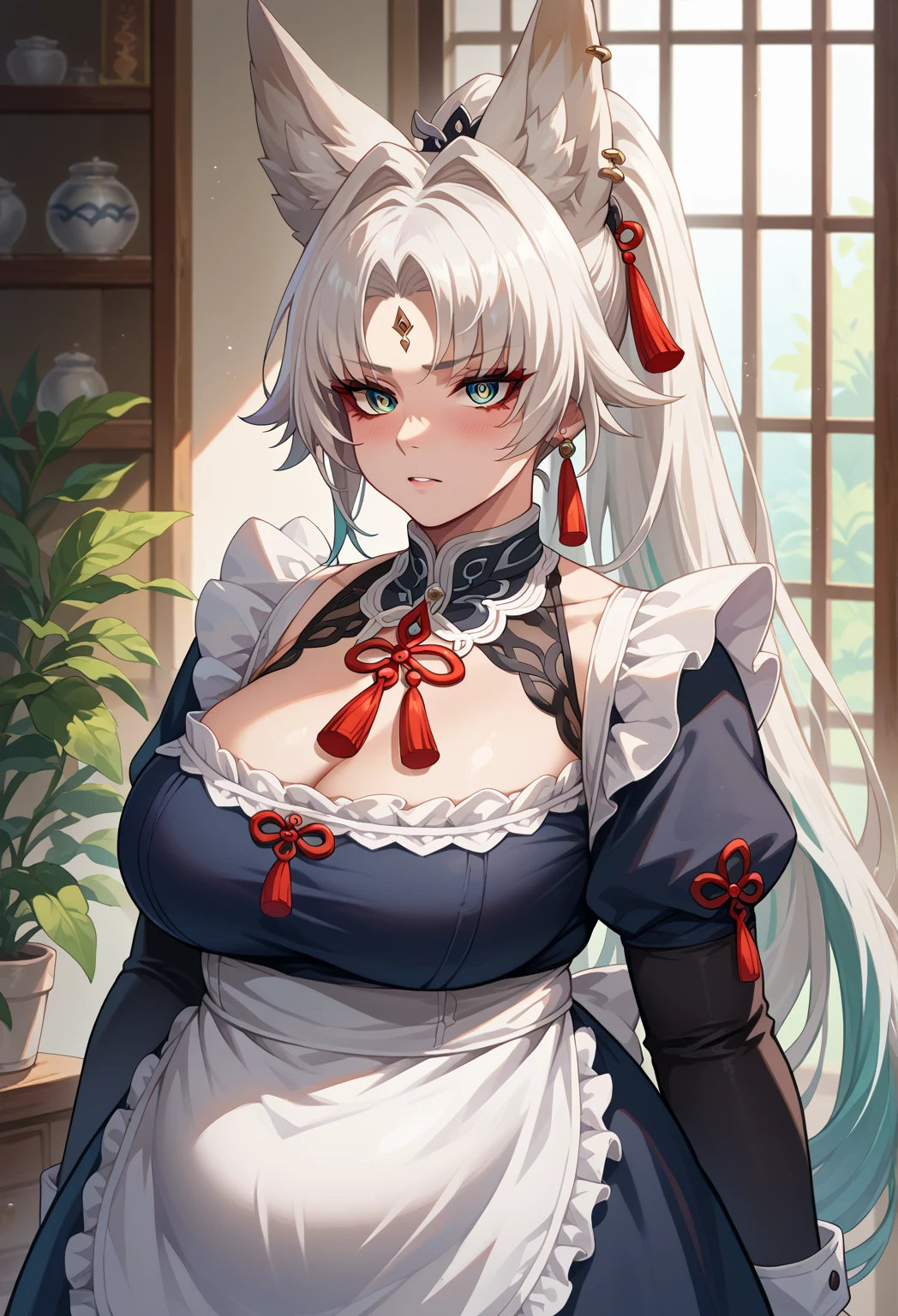 One Demon Girl, looks at the camera, Portrait of a girl, Beautiful waist, night, ancient japan, very sexy, grin, maid costume, black and white maid uniform, apron, mini skirt, in a wooden house, fangs обножены,  mouth open, fangs, smile, White hair, erotica, very sexy, beautiful body is completely visible, masterpiece, Best quality, full length (Full body 1.1.), Beautiful waist, good feet, high quality, long hair, White hair.  Highly detailed face, depth of field, HDR, very detailed, ray tracing, whole body, dark fantasy, Demon&#39;s tattoo, very beautiful, Beautiful ., 1 girl, solo, I look at the viewer, black hair, hair ornament, jewelry, closed mouth, green eyes, yellow eyes, japanese clothes, kimono, draw up, pomade, slit pupils, Brilliant eyes, wicked, Red lips, hair stick