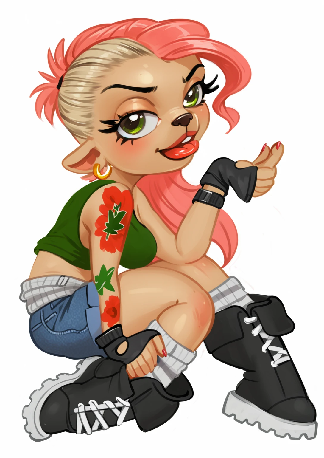 Drawing of Dona Florinda from the television series EL CHAVO holding a firearm and with colored curlers in her hair with an evil face and tattoos on her body. The woman must have blonde hair and look like the character Dona Florinda from the series Chaves in Animated Cartoon produced by Roberto Gómez Bolaños.