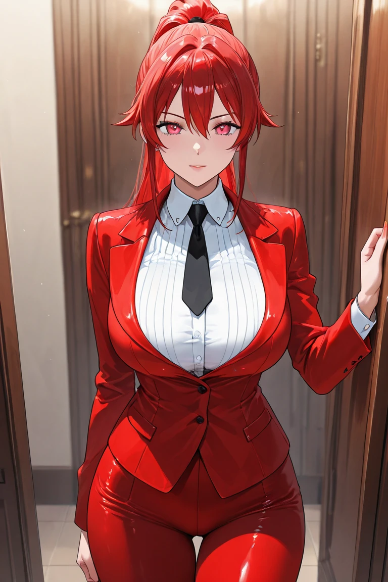 ((high detailed, best quality, 4k, masterpiece, hd:1.3)), elegant office desk, Princess Daisy, neon blue eyes, BREAK blue eyes, seductive, attractive, sexy smile, smiling, smooth anime cg art, 36C breasts, long legs, vivid colors, detailed digital art, slim body, perfect skin, dark red hair, long hair, dark hair, red hair, BREAK crown, cleavage, 36C cleavage, looking at viewer, BREAK looking at viewer, extremely detailed face, red necktie, tight red skirt, red suit, red jacket, black shirt, red pencil skirt, mini red skirt, full body, (red high heels), earrings, gem, dark black makeup lips, dark gothic eyeshadows, dark eyeshadows, black eyeshadows, black sexy lips, black lips, (dark:1.2), dark lips, very dark lips, (perfect hands, perfect anatomy), black makeup, black medium lips, black thick lips, detailed fingers, five fingers per hand, 5 fingers, (1 girl), detailed lips, detailed black lips, black painted lips, gothic painted lips, BREAK night, (arms raised:1.2), ((Arms outstretched:1.2)), (breast focus), (breasts out:1.3),