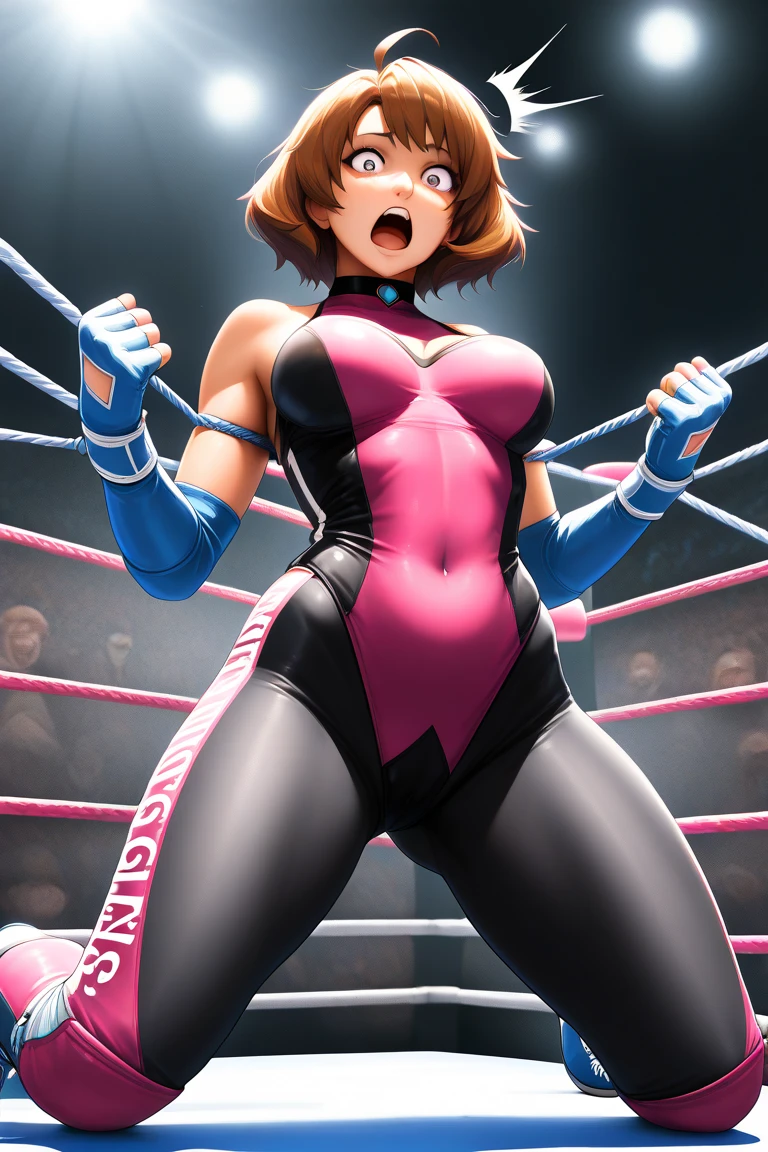 Wrestler girl with wrestling mask, mexicana, piel bronceada, traje de una pieza color rojo, red and black wrestler mask, coderas y rodilleras, en escenario de ring de lucha libre