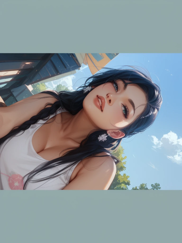 outdoors, from side, ((wallpaper 8k)), ((high detailed)), ((masterpiece)), ((best quality:1.2)), ((hdr)), ((absurdres)), ((RAW photo)), huge breasts, oiled body, high detailed skin, cleavage, white shirt, long hair, black hair, blue eyes, <lora:DFA_T10R_Free-07:1> <lora:add_detail:1>