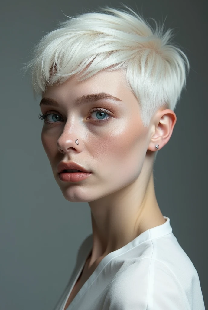 1girl,upper body,platinum blonde hair in pixie cut,piercing blue eyes,looking at viewer,indoors,grey background,black turtleneck sweater,silver pendant necklace,edgy androgynous style,confident expression,modern chic,