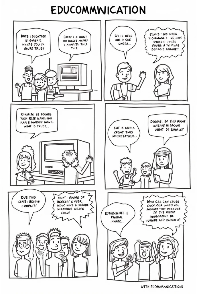 Creating a comic strip is a fun way to convey a message about educommunication! Here's an idea for a simplified text comic:

Title: "Educommunication in Action!"

Painel 1:  
(A group of students is in a room, looking at a TV that shows various news.)  
Estudante 1: "This news is confusing! How do we know what is true?"

Painel 2:  
(A teacher enters the room with a laptop.)  
Professor: "Let's use educommunication to analyze this!”

Panel 3 :  
(The students are divided into groups, researching and discussing.)  
Estudante 2: "We must check the source of the news before believing!"

Painel 4:  
(All students are gathered presenting your findings.)  
Estudante 3: "Now we can create our own newscast with reliable information!"

Final:  
( The group smiles , holding posters about the importance of verifying sources and producing ethical content.)  
Texto: "With educommunication, we learn to be critical and creative!"

This comic strip shows how educommunication can be practical and engaging, helping students to develop critical information skills. with conversations in Portuguese 